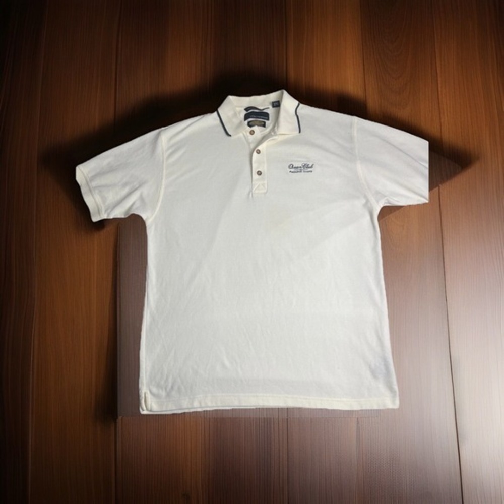 greg norman Ocean Club cream shirt with blue pin collar  mens golf shirt  Sz-‎ M